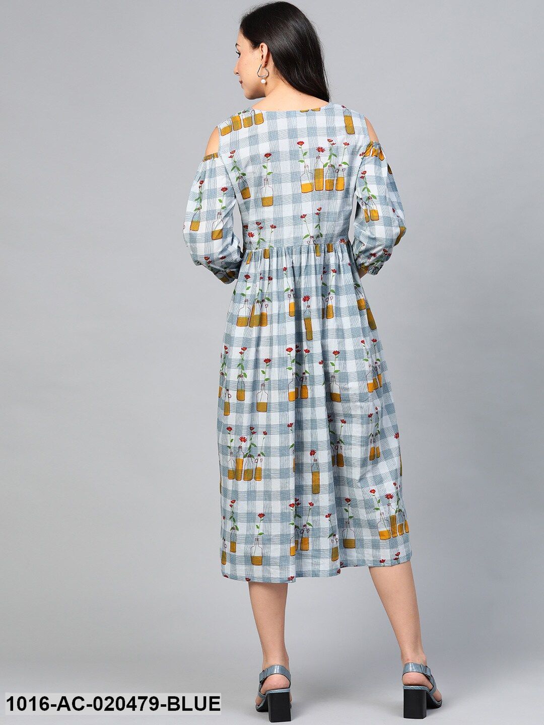 Blue & Mustard Yellow Checked Cold Shoulder A-Line Dress