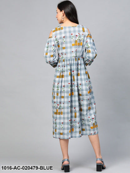 Blue & Mustard Yellow Checked Cold Shoulder A-Line Dress