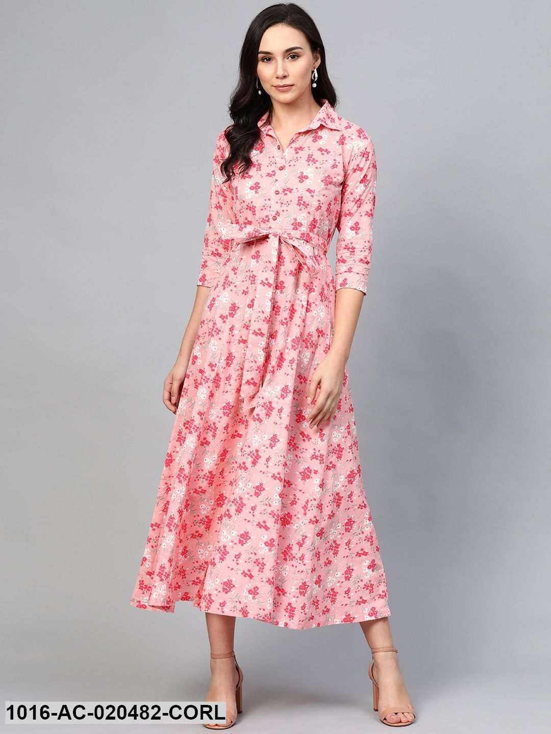 Coral Pink & White Floral Printed Maxi Dress