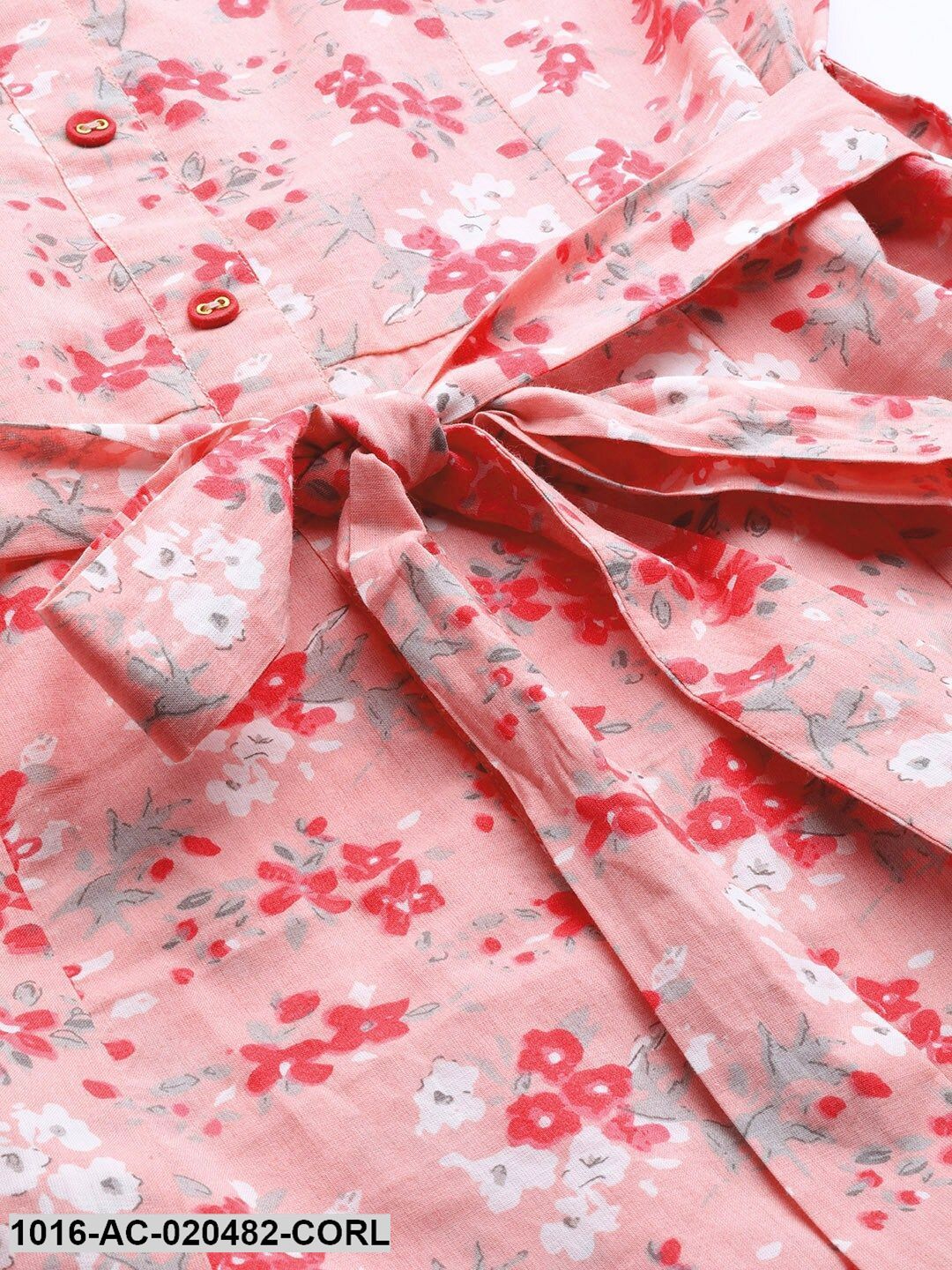 Coral Pink & White Floral Printed Maxi Dress