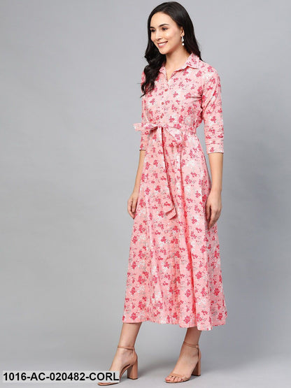 Coral Pink & White Floral Printed Maxi Dress