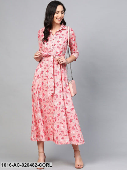 Coral Pink & White Floral Printed Maxi Dress