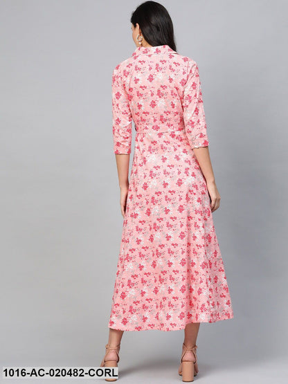 Coral Pink & White Floral Printed Maxi Dress