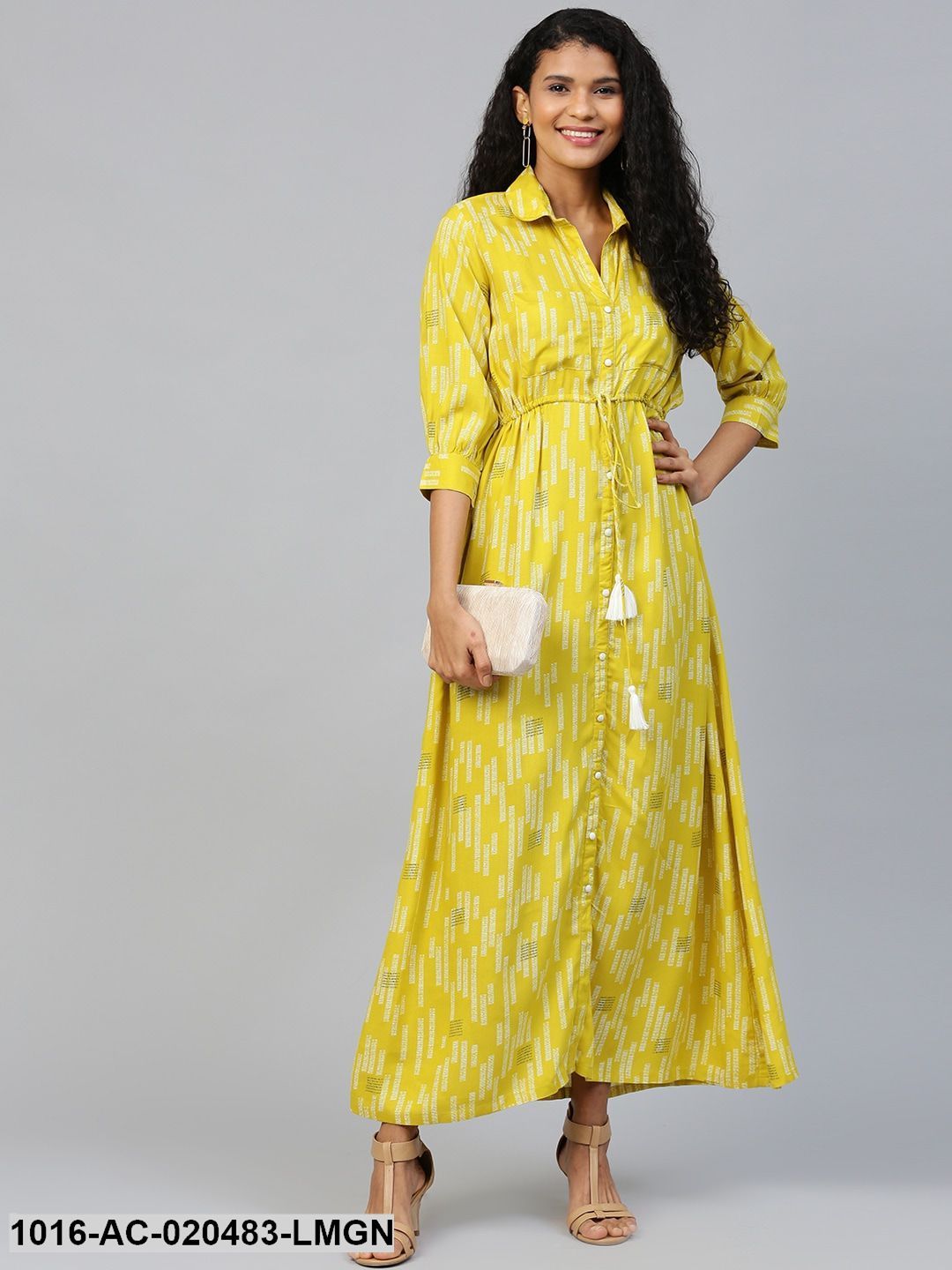 Lime Green & White Printed Shirt Dress