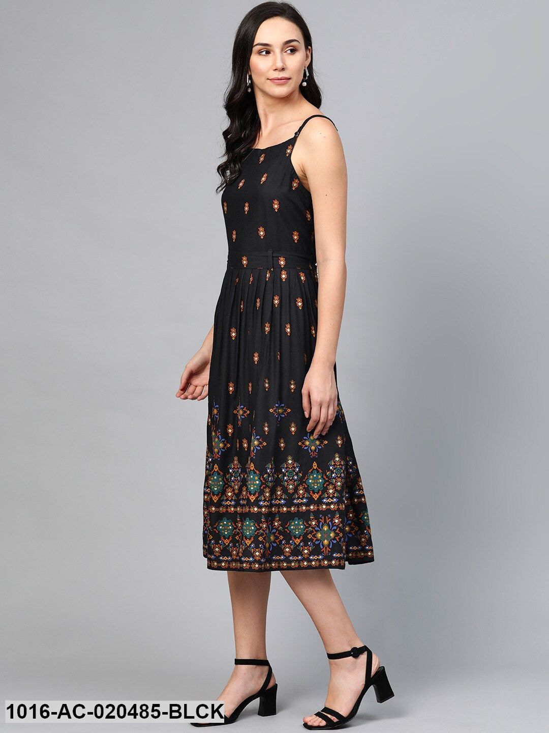 Black & Rust Orange Printed A-Line Dress