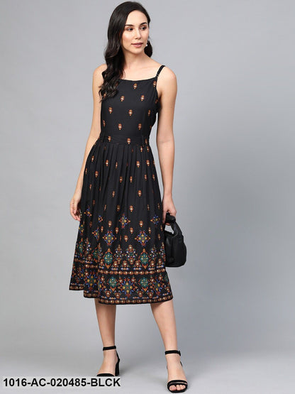 Black & Rust Orange Printed A-Line Dress