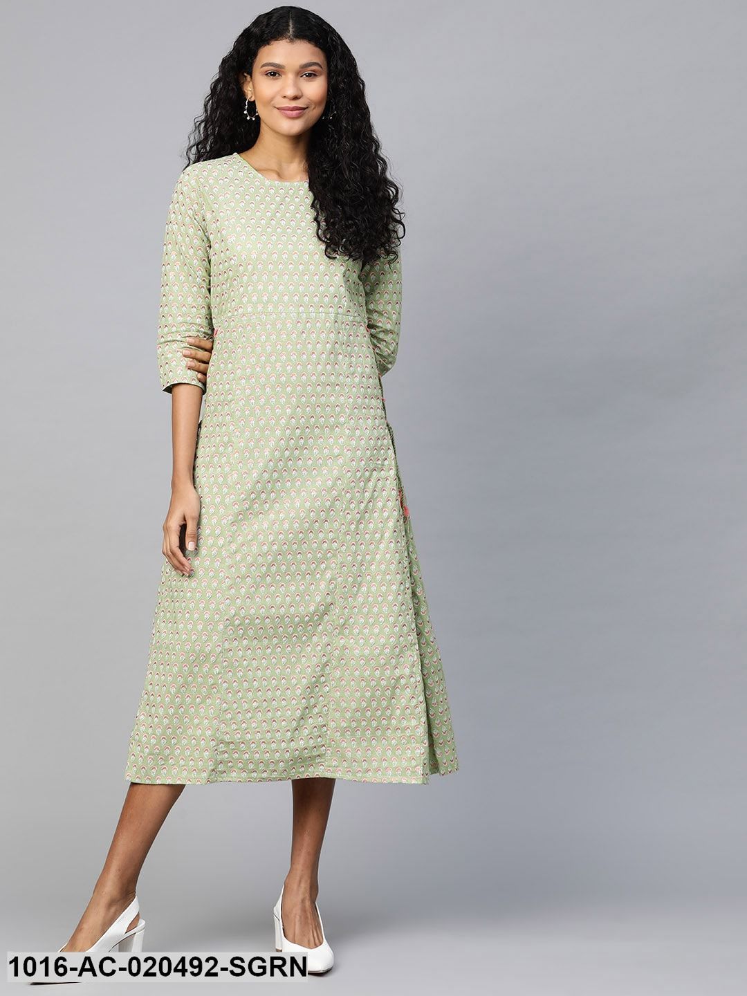 Sea Green and Pink Printed A-Line Dress