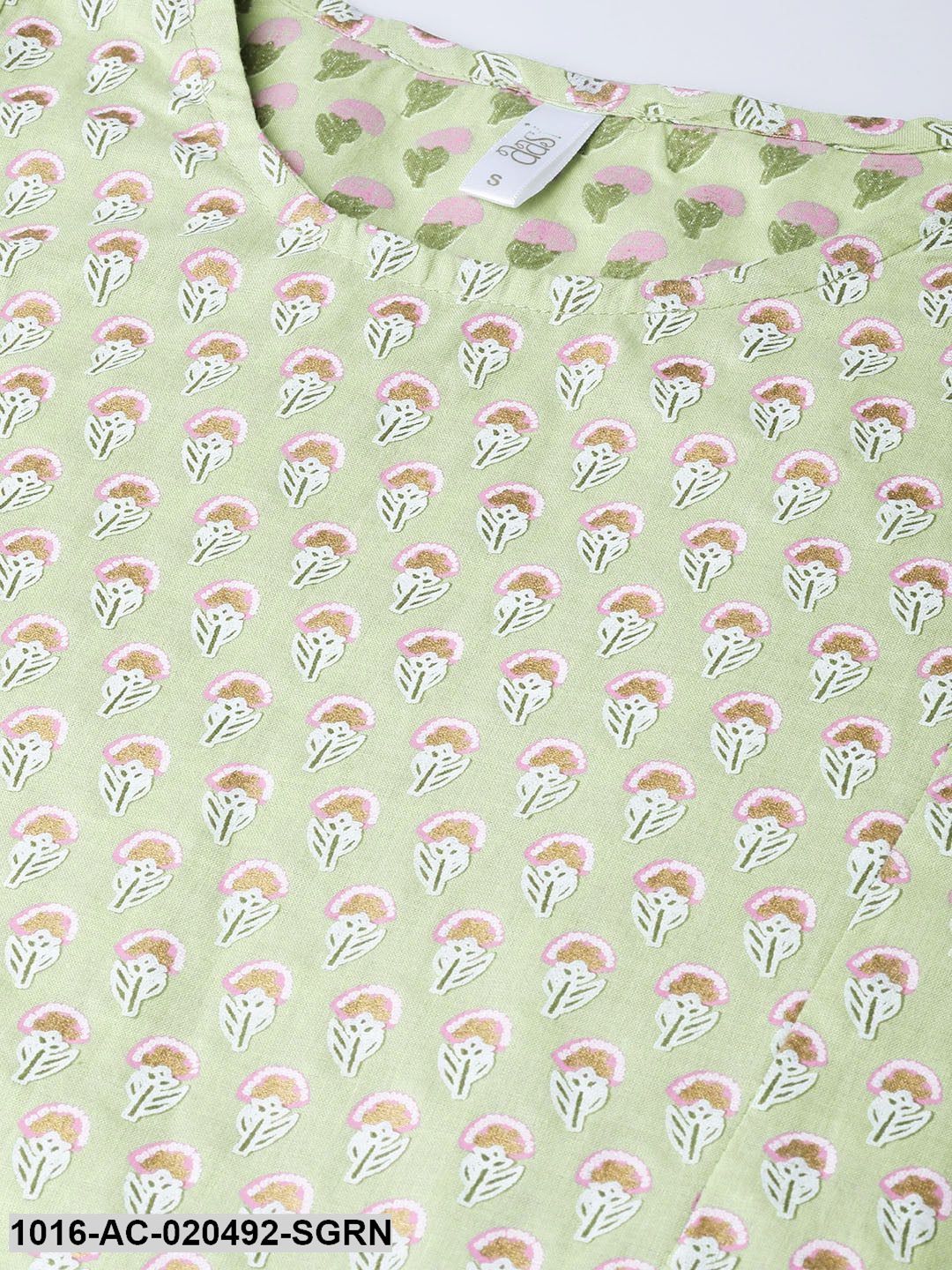 Sea Green and Pink Printed A-Line Dress