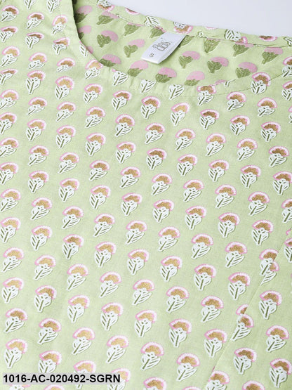 Sea Green and Pink Printed A-Line Dress