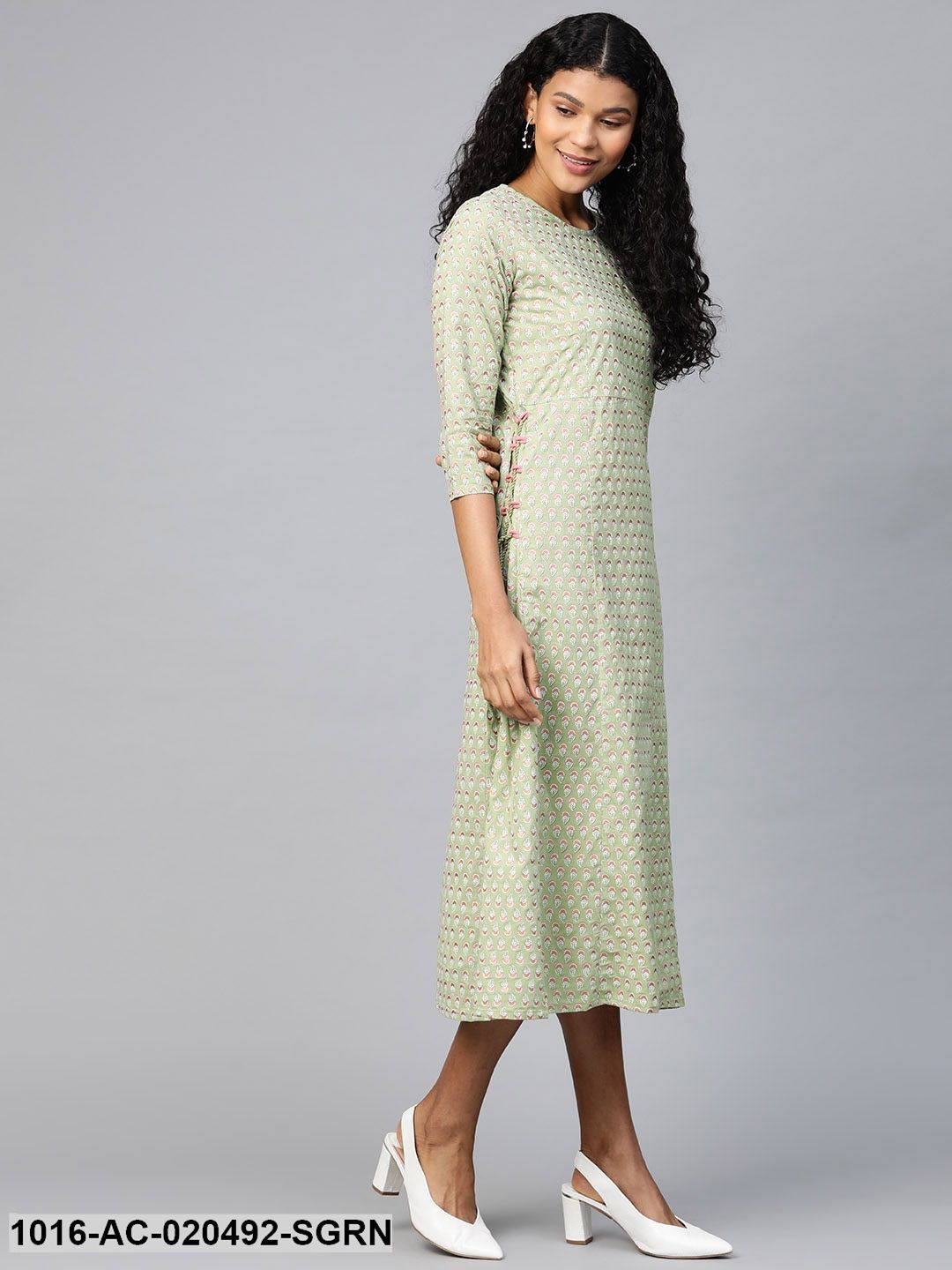 Sea Green and Pink Printed A-Line Dress