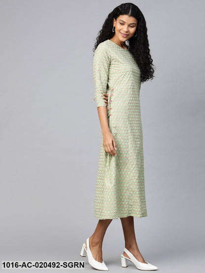 Sea Green and Pink Printed A-Line Dress