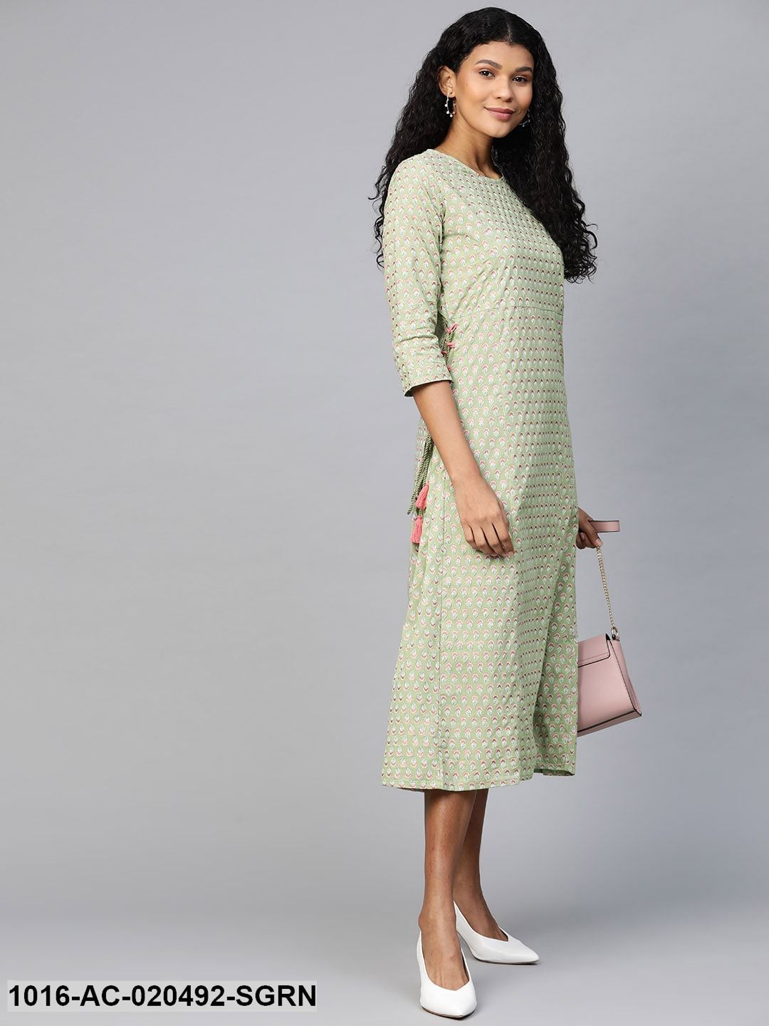 Sea Green and Pink Printed A-Line Dress