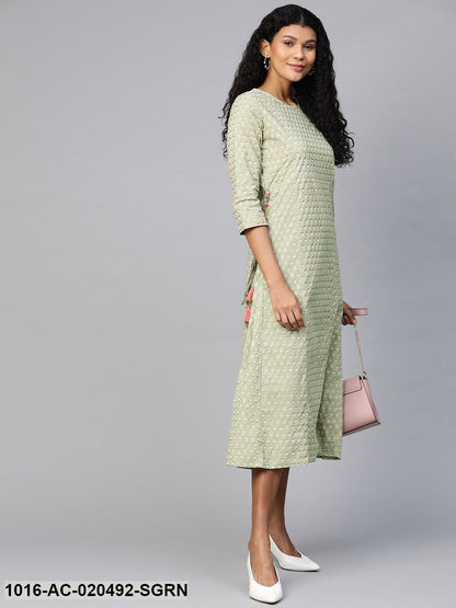 Sea Green and Pink Printed A-Line Dress