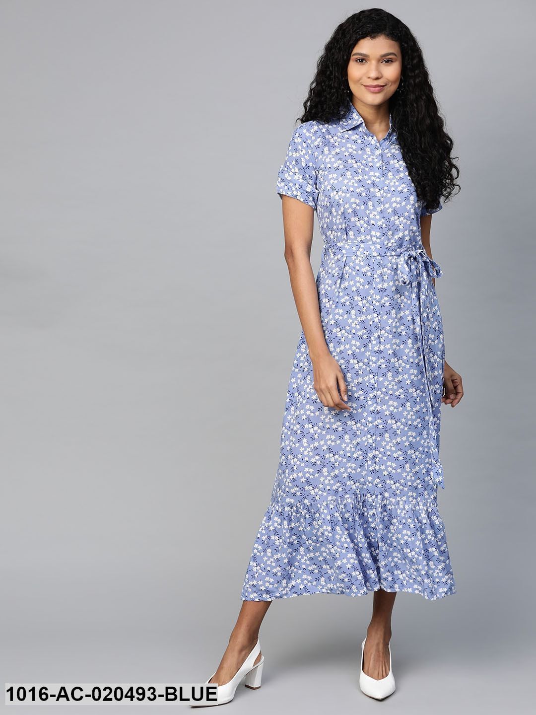 Blue and White Floral Print Maxi Dress