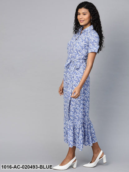 Blue and White Floral Print Maxi Dress