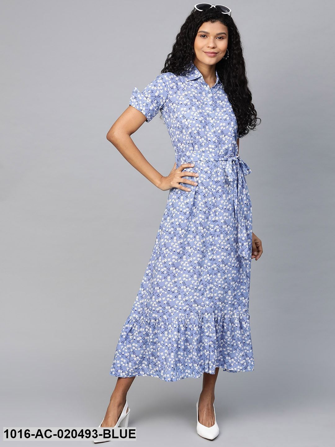 Blue and White Floral Print Maxi Dress