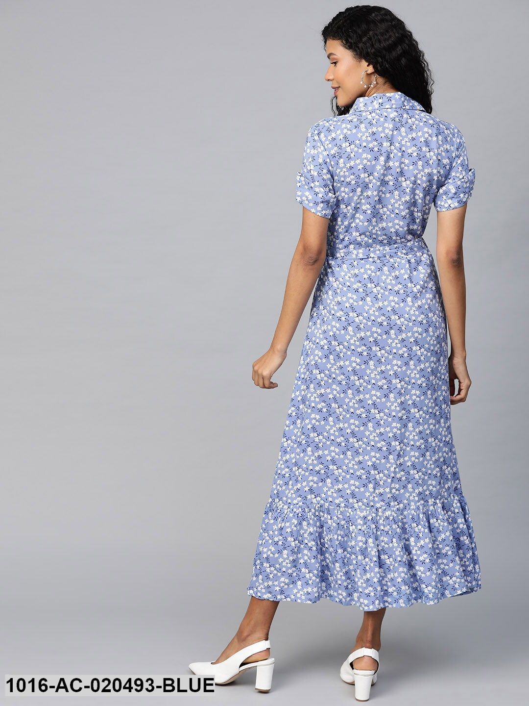 Blue and White Floral Print Maxi Dress