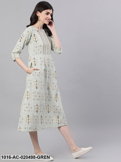 Green Printed Fit and Flare Dress