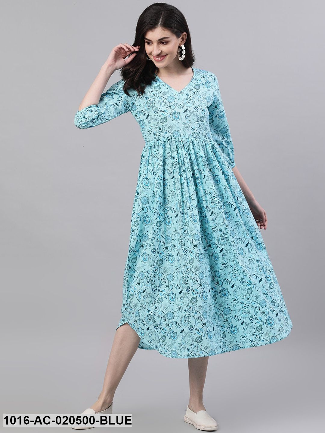 Blue Printed Fit and Flare Dress