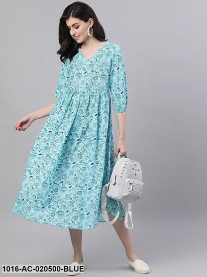 Blue Printed Fit and Flare Dress