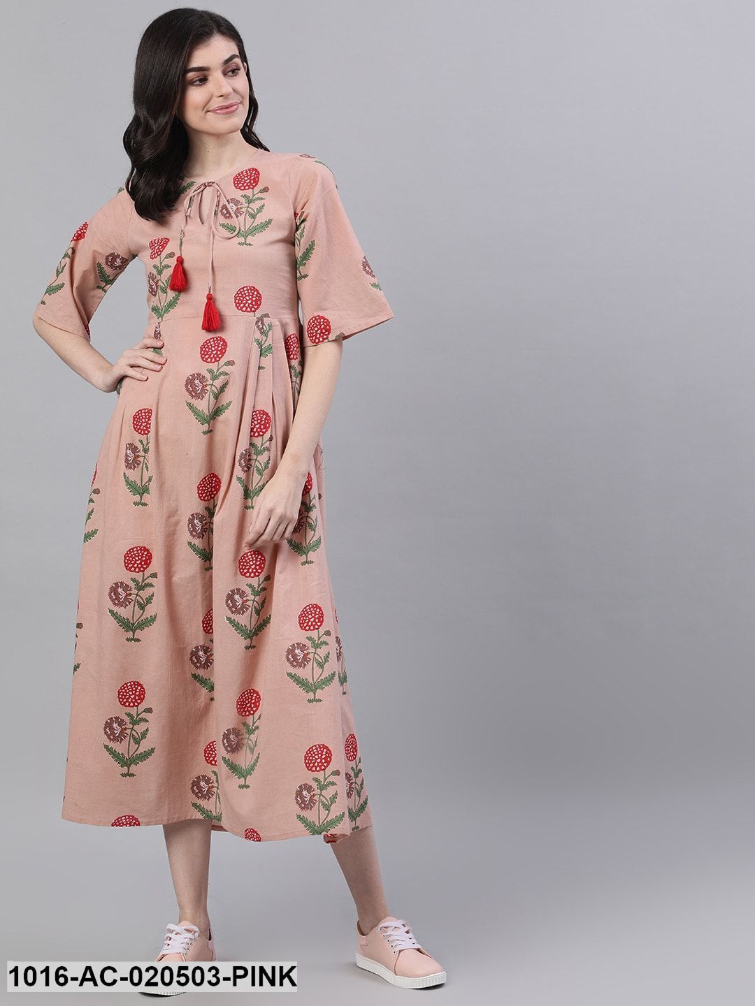 Pink Floral Printed A-Line Dress