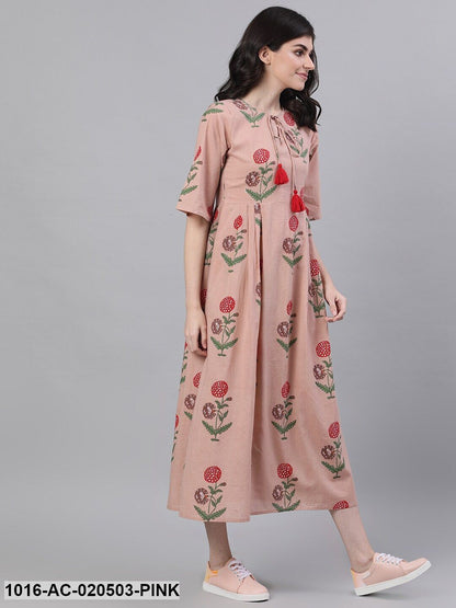 Pink Floral Printed A-Line Dress