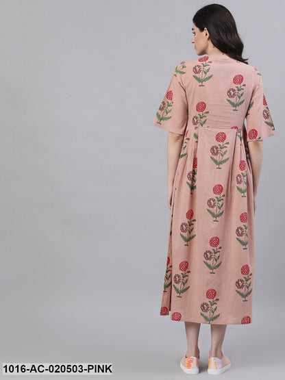Pink Floral Printed A-Line Dress