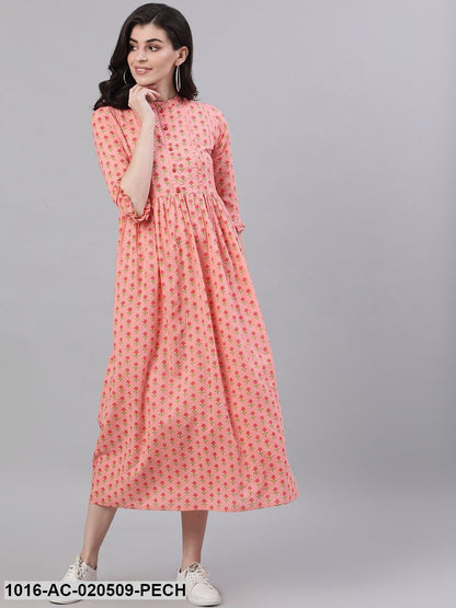 Peach-Coloured Printed A-Line Dress