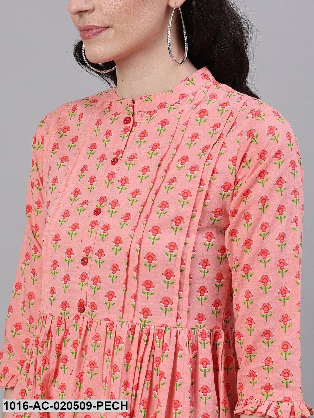 Peach-Coloured Printed A-Line Dress