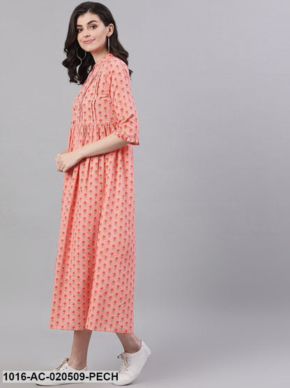 Peach-Coloured Printed A-Line Dress