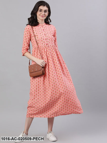 Peach-Coloured Printed A-Line Dress