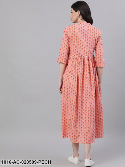 Peach-Coloured Printed A-Line Dress