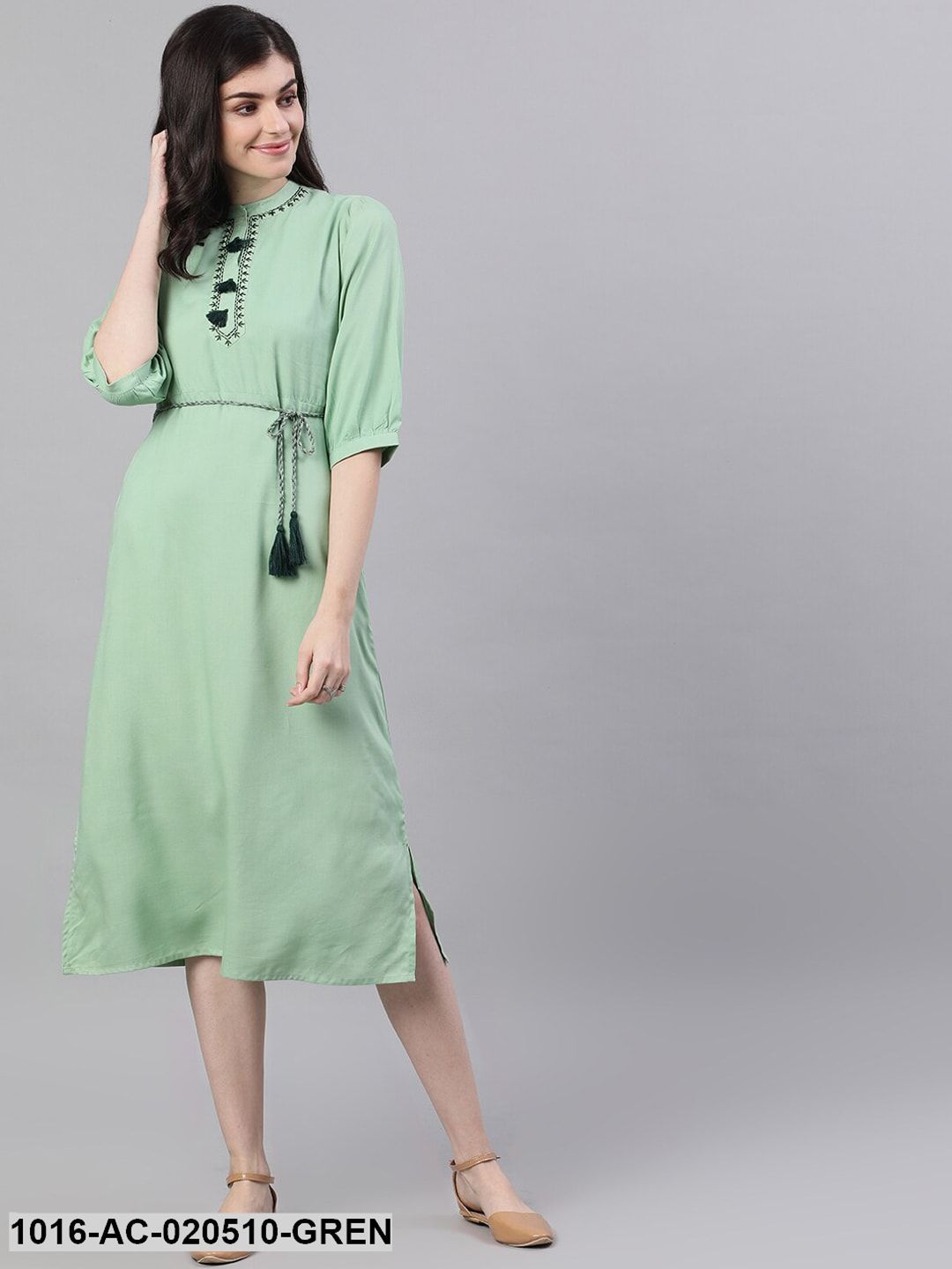 Green Solid Fit and Flare Dress with Embroidered Yoke