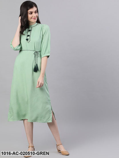 Green Solid Fit and Flare Dress with Embroidered Yoke