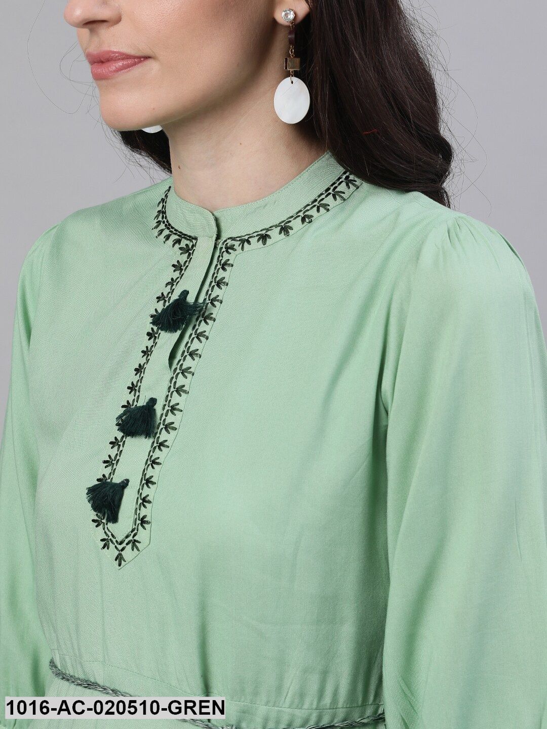 Green Solid Fit and Flare Dress with Embroidered Yoke