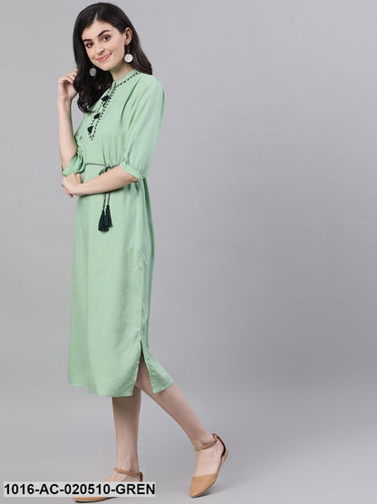 Green Solid Fit and Flare Dress with Embroidered Yoke
