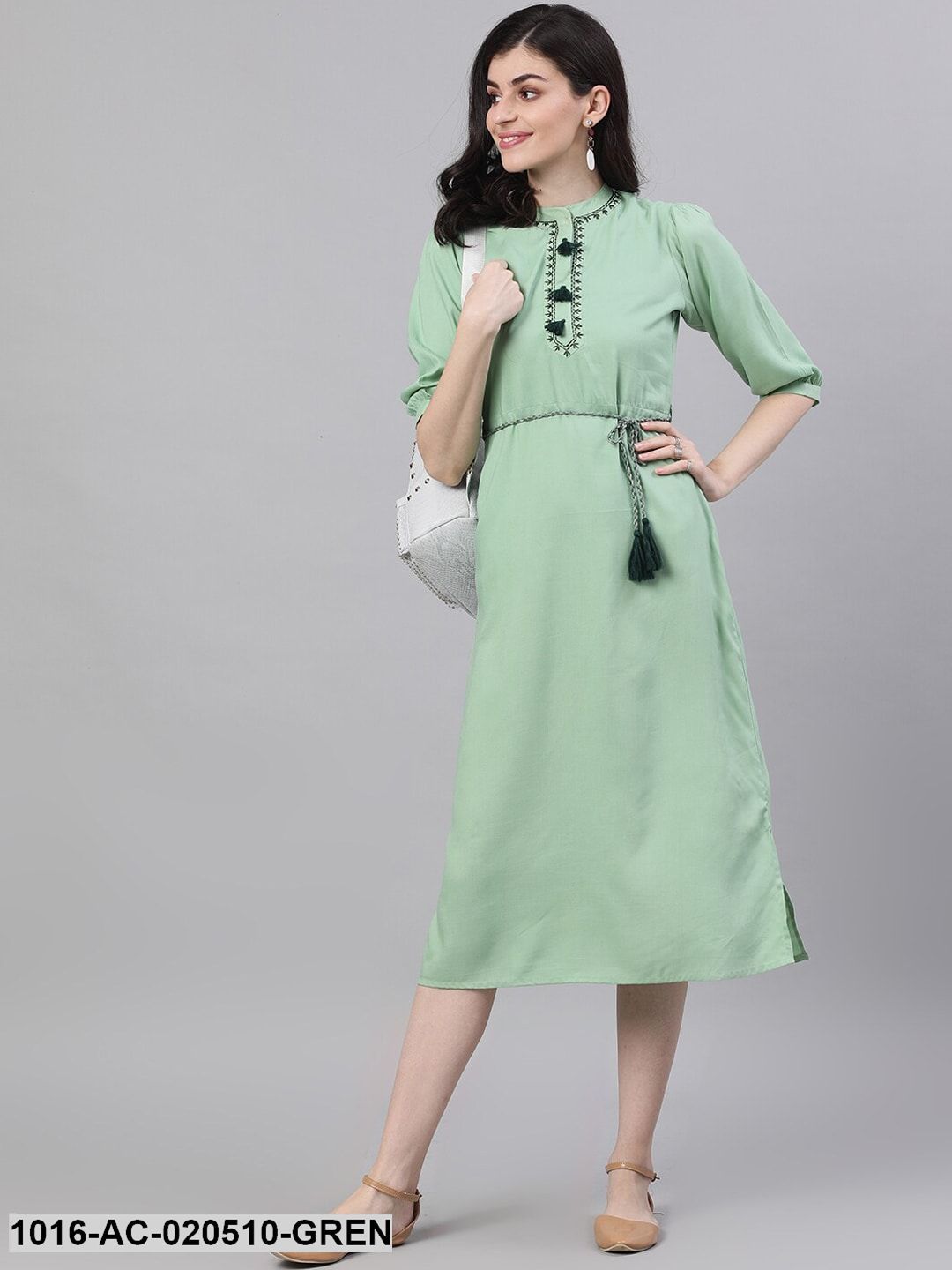 Green Solid Fit and Flare Dress with Embroidered Yoke