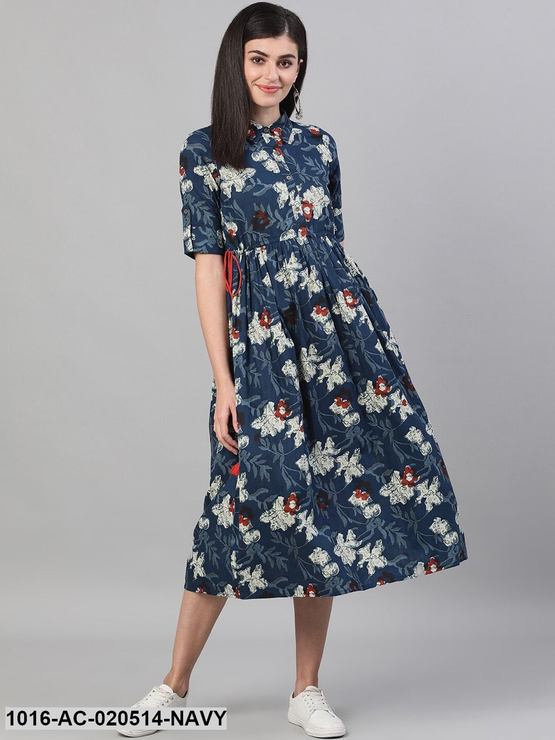 Navy Blue Floral Printed Fit & Flare Dress