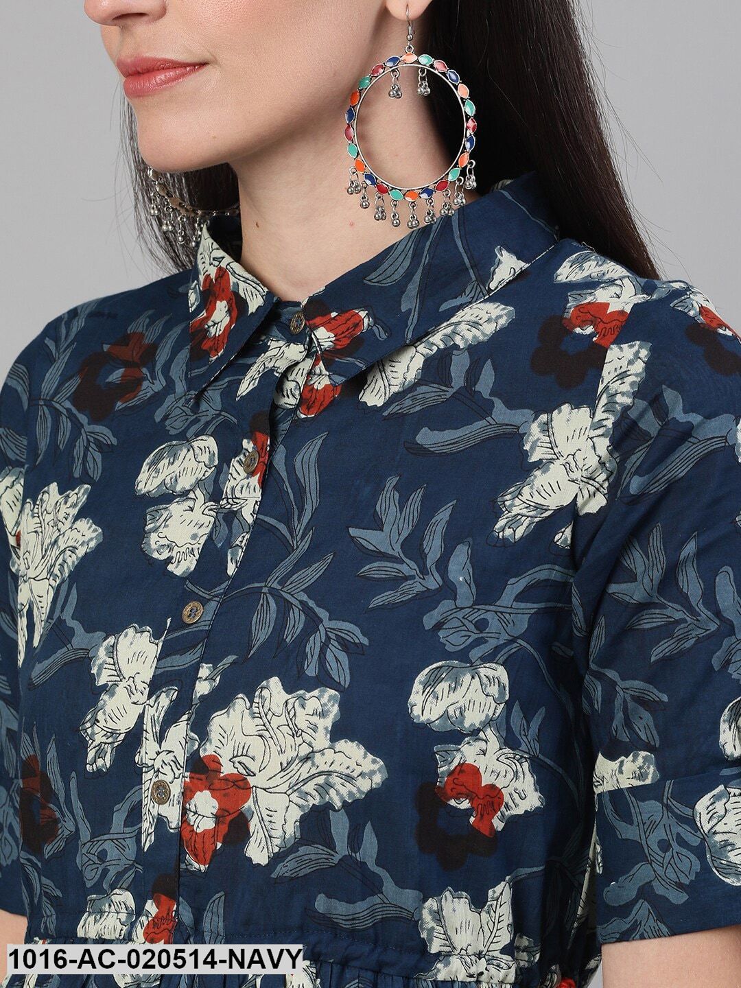 Navy Blue Floral Printed Fit & Flare Dress