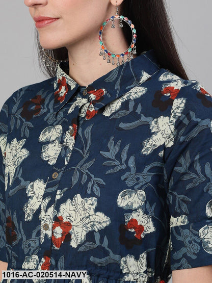 Navy Blue Floral Printed Fit & Flare Dress
