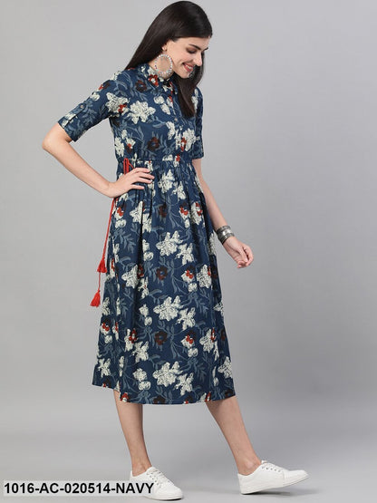 Navy Blue Floral Printed Fit & Flare Dress