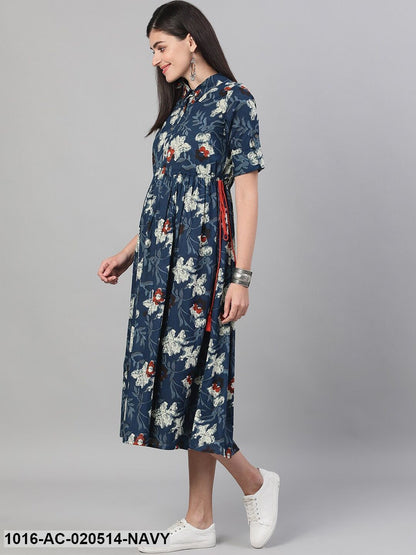 Navy Blue Floral Printed Fit & Flare Dress