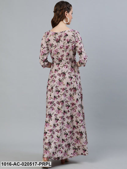 Purple Floral Crepe Ethnic Maxi Dress