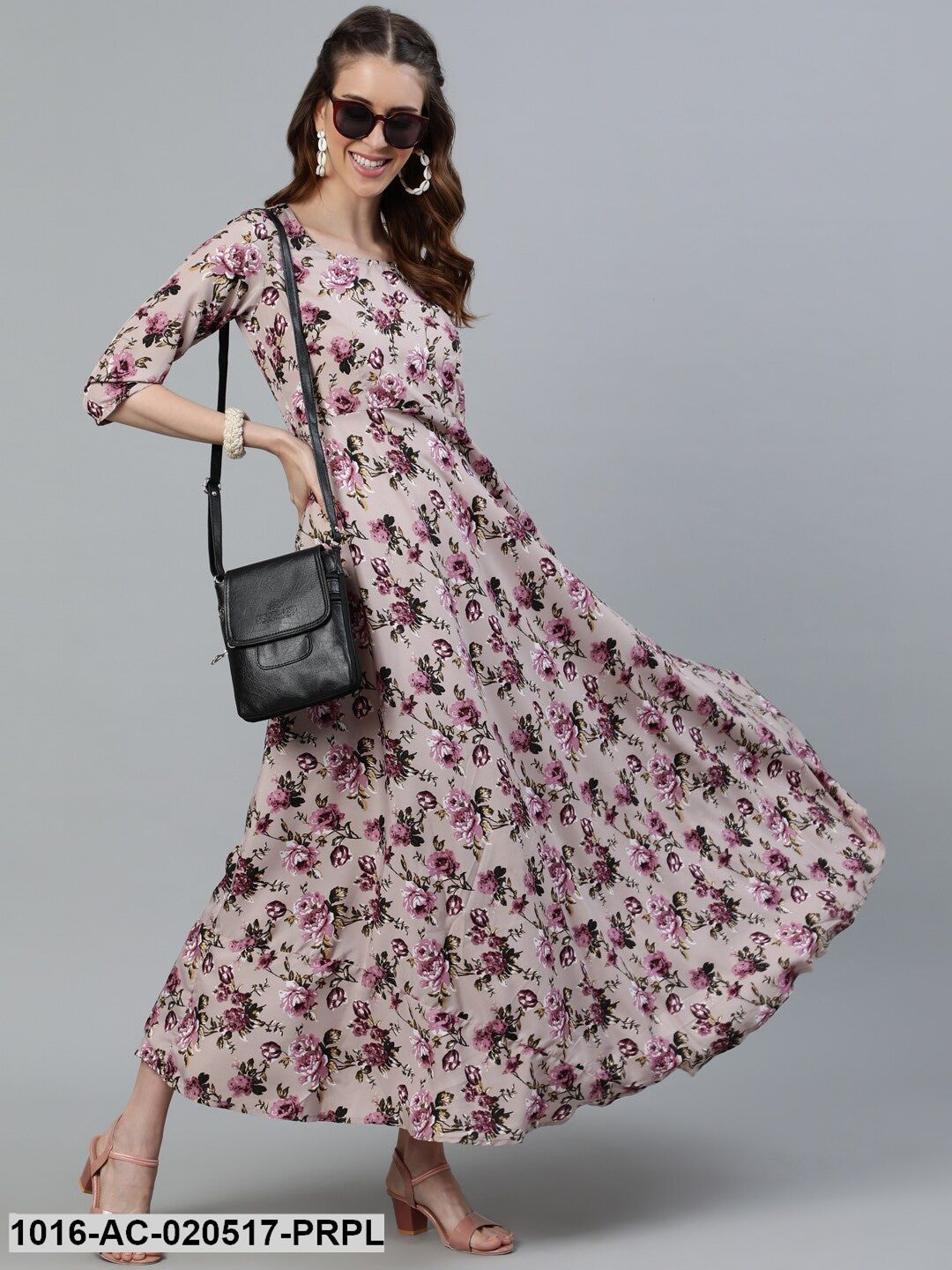Purple Floral Crepe Ethnic Maxi Dress
