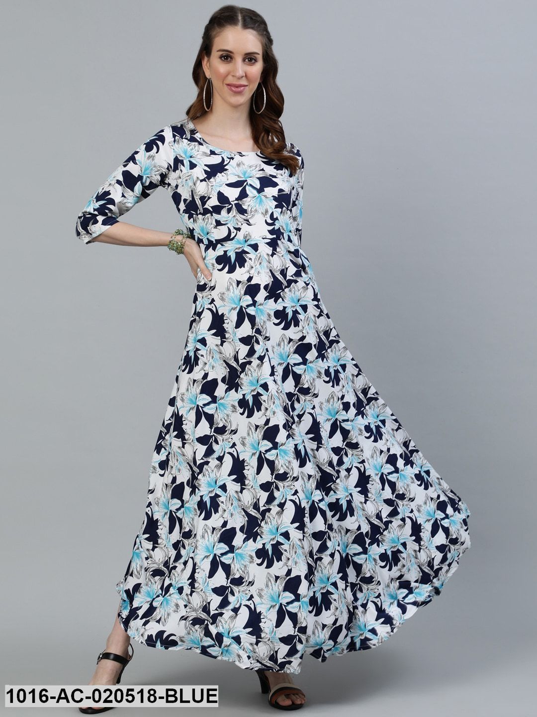 Blue & White Floral Crepe Maxi Dress