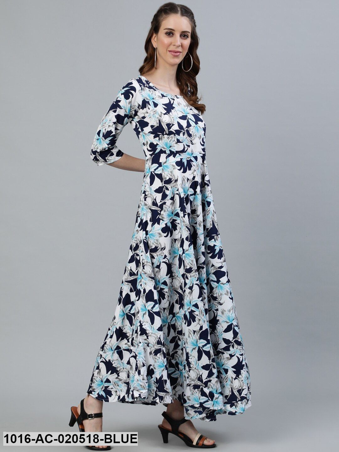 Blue & White Floral Crepe Maxi Dress