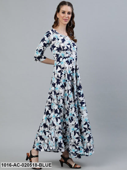 Blue & White Floral Crepe Maxi Dress