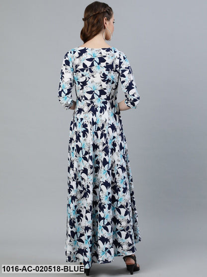 Blue & White Floral Crepe Maxi Dress