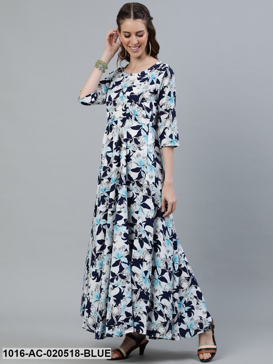 Blue & White Floral Crepe Maxi Dress