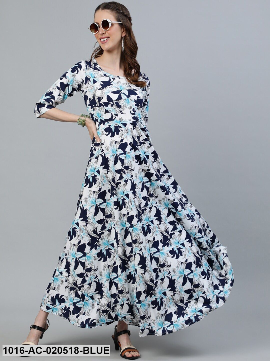 Blue & White Floral Crepe Maxi Dress